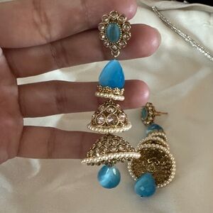 Bollywood Jumki- Elegant Blue stone and pearls with Gold work Earrings